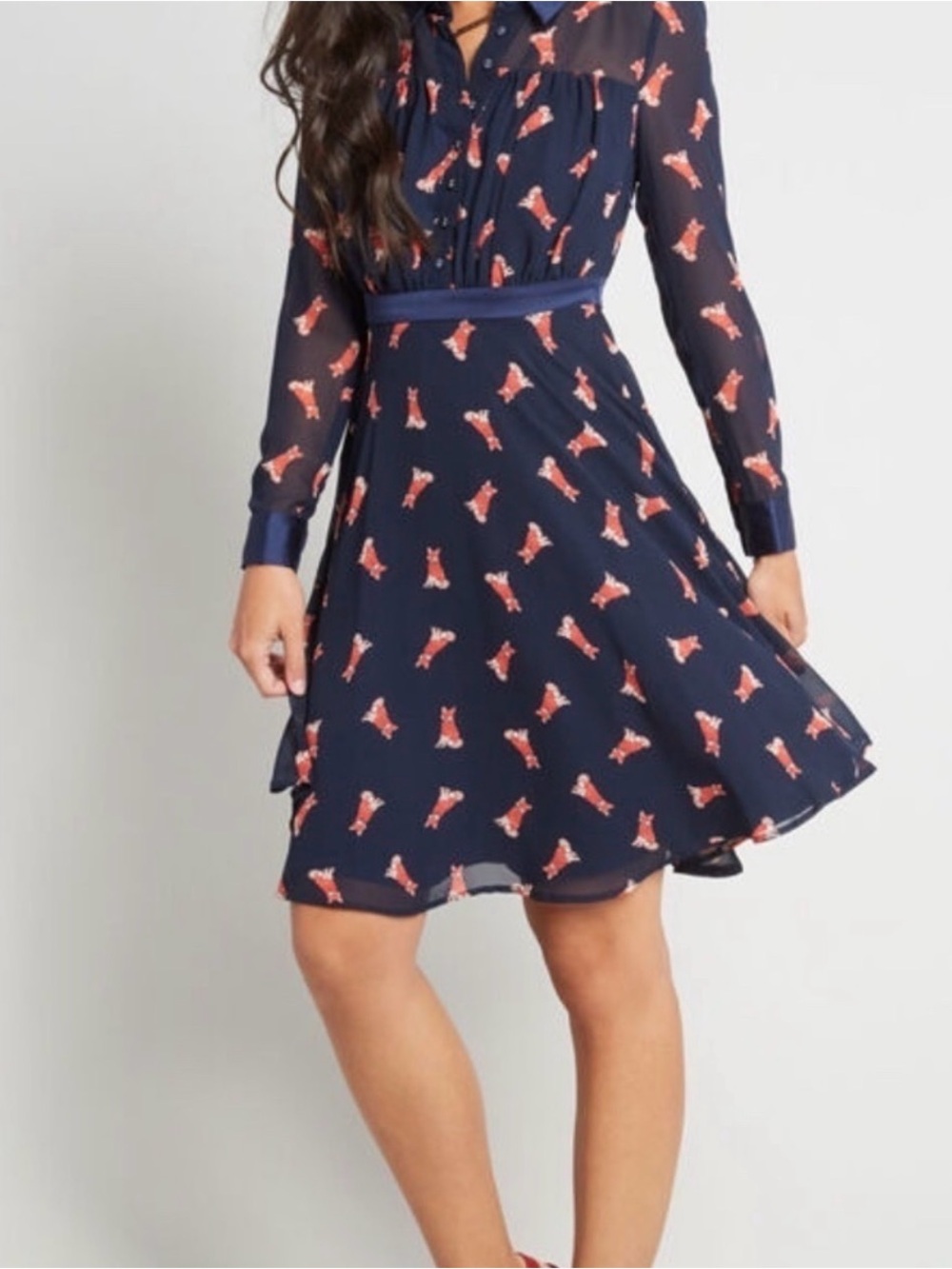 EUC: ModCloth Navy Chiffon Fox Print Shirt Dress - Picture 3 of 8